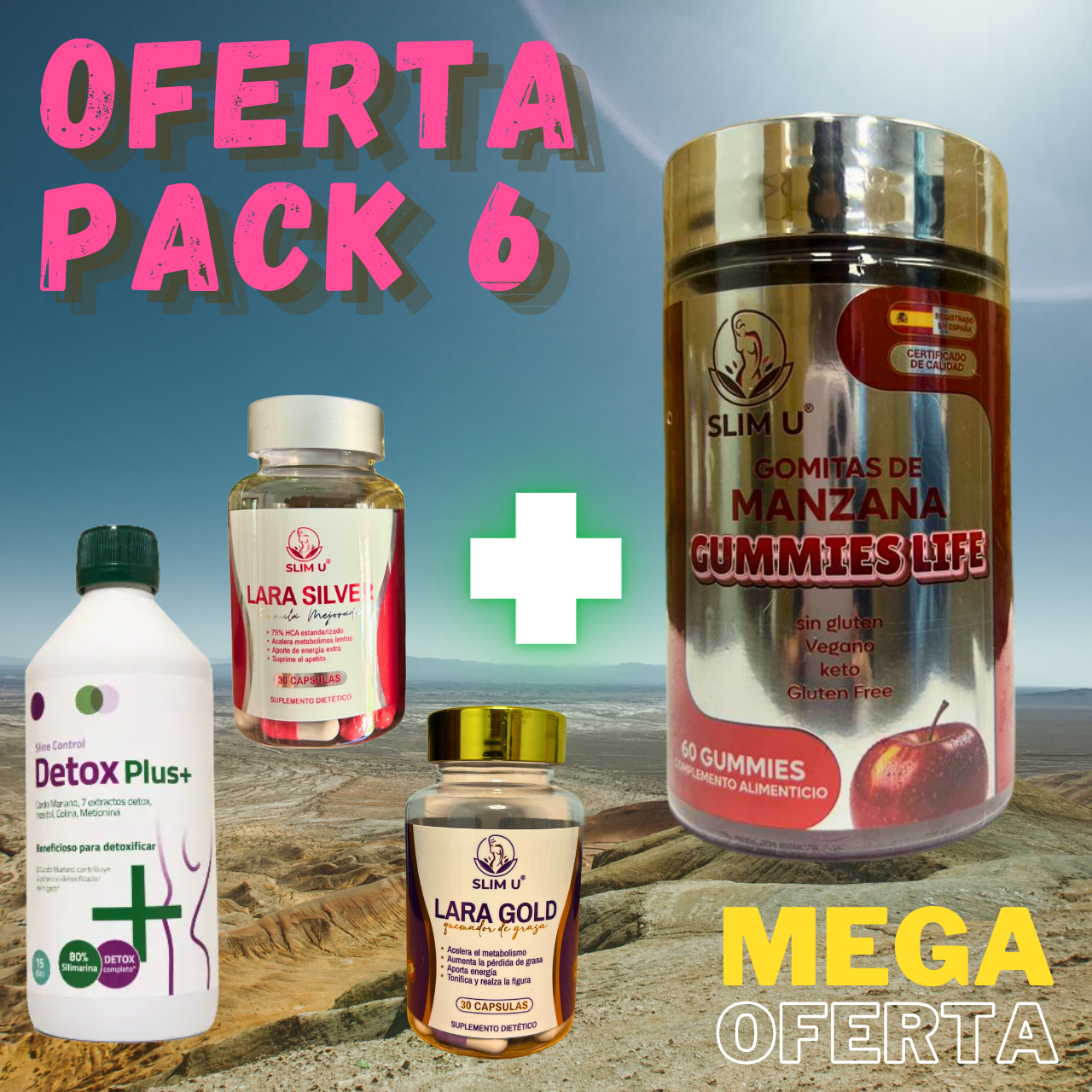 Pack 6: Detox plus + 1 Lara Silver + Lara Gold + 1 Gummies Cidra de manzana Premiun y Vitaminas