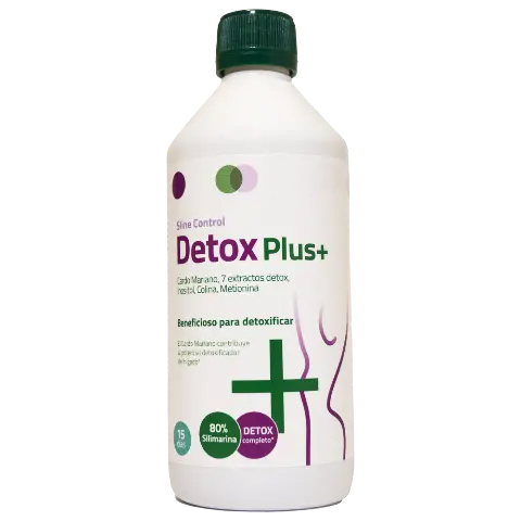 Sline control Detox Plus+ 500ml a base de Cardo Mariano, Alcachofa, Rábano negro, Saúco, Hinojo, Aloe vera, Boldo, Diente de león, Inositol, Colina, y L-metionina. Potencial detoxificador del hígado.