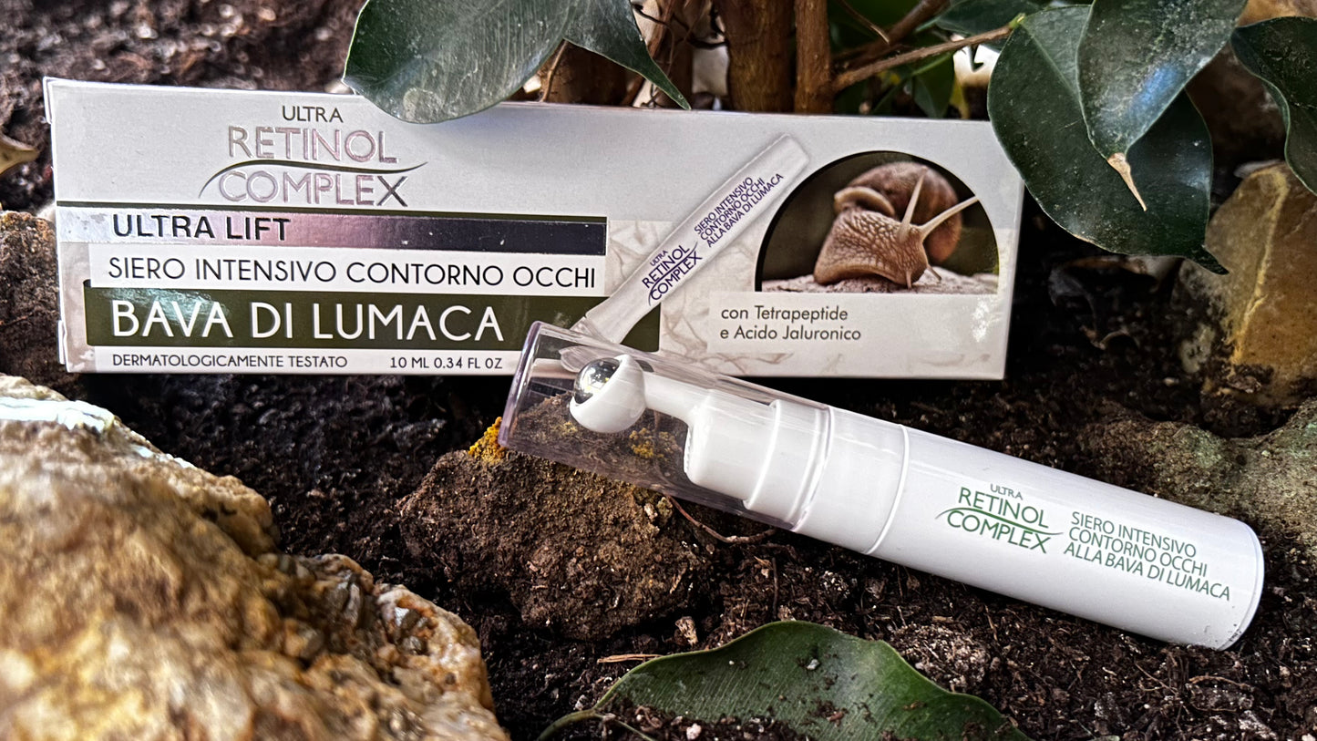 Sérum ocular intensivo de baba de caracol ROLL-ON. El sérum intensivo para el contorno de ojos con baba de caracol y ácido hialurónico de Retinol Complex® reduce las ojeras y las bolsas, alisando la piel de los ojos.