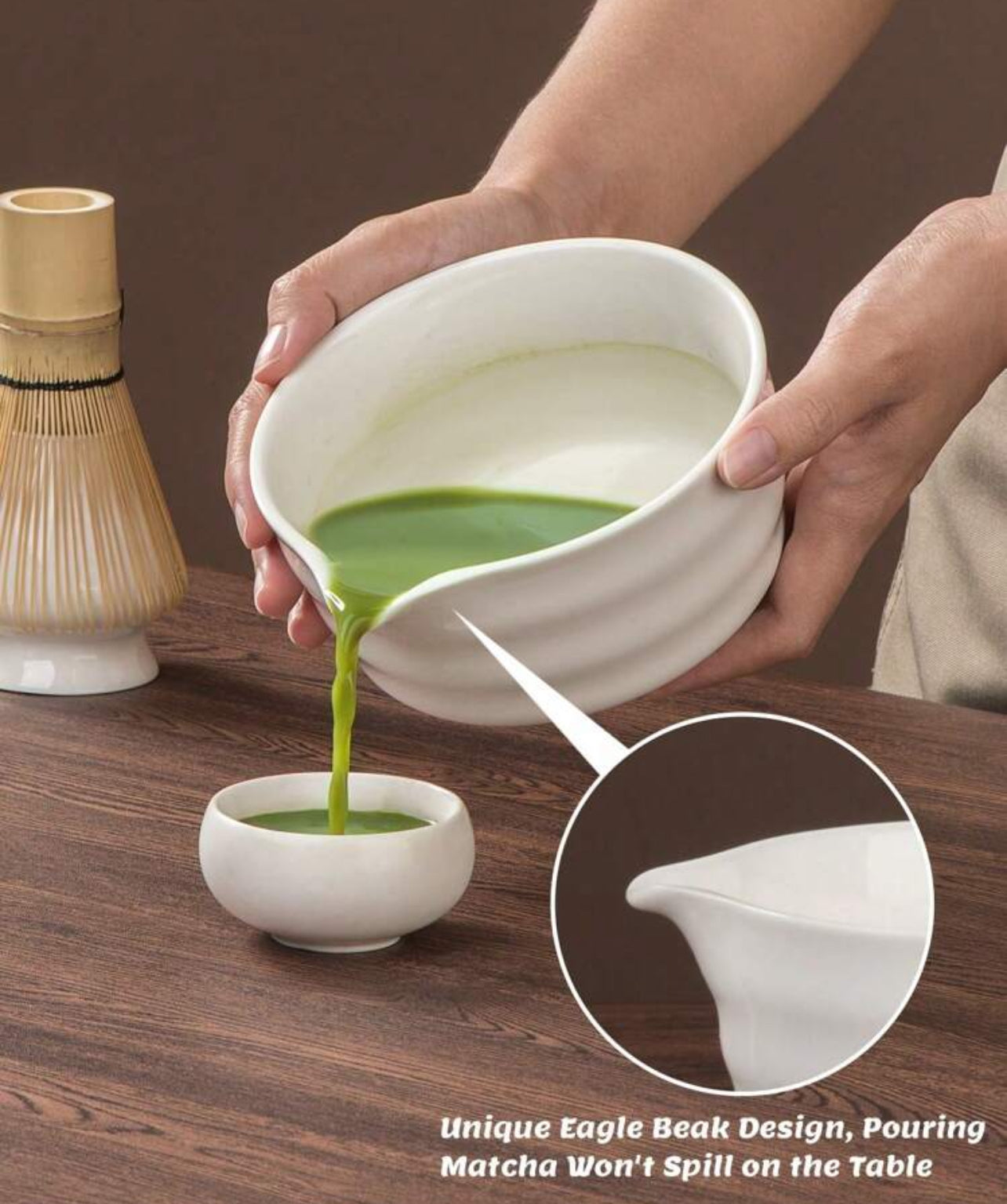 Set de herramientas de matcha, set de 1/4 piezas de bol de matcha con estante para herramientas, que es un regalo perfecto para tus amigos o familiares, con un bol de matcha en forma de pico de águila que no es fácil de derramar.